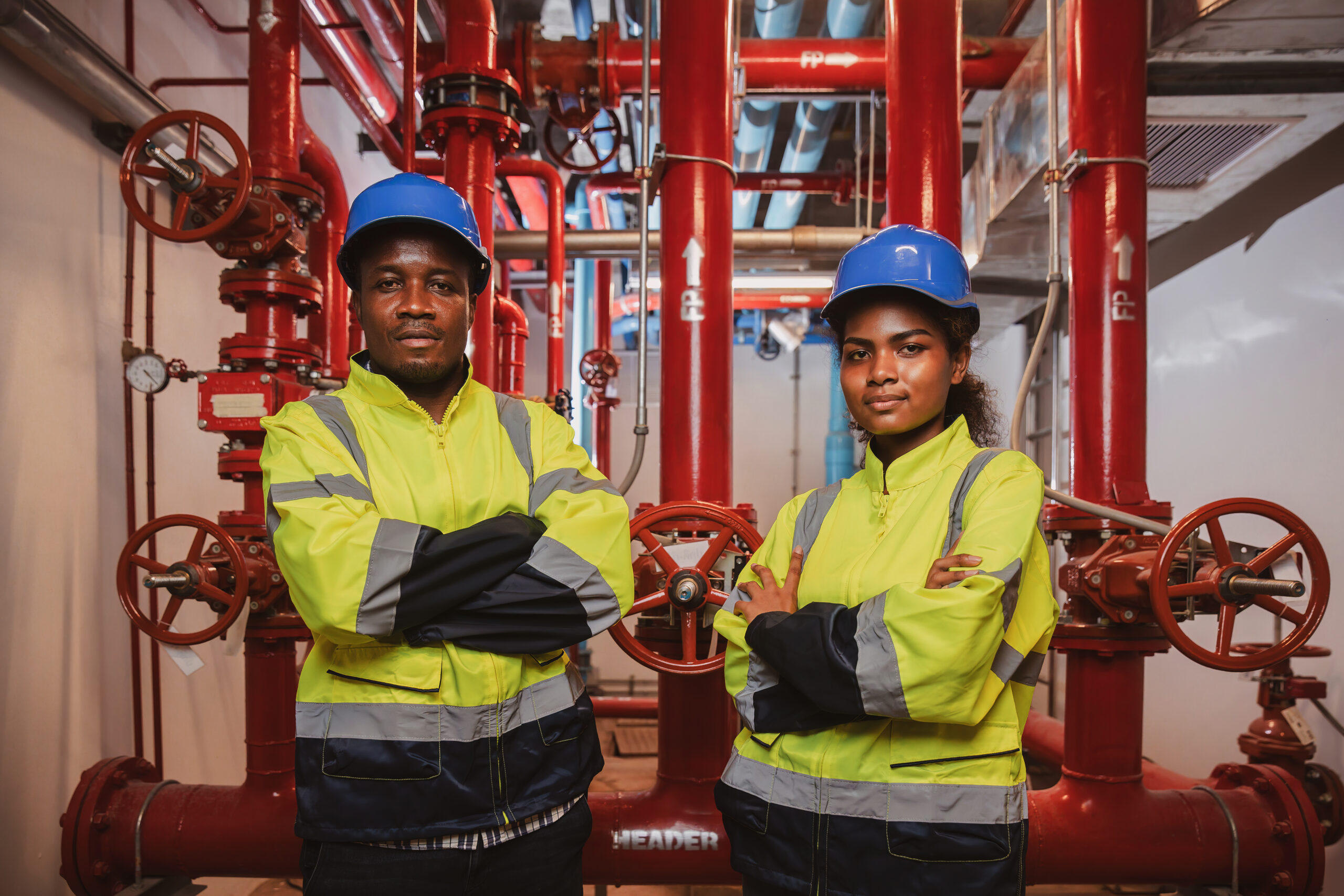 Engineer or technician work checking Fire suppression system and fire equipment. Engineer check red generator pump for water sprinkler piping and fire alarm control system